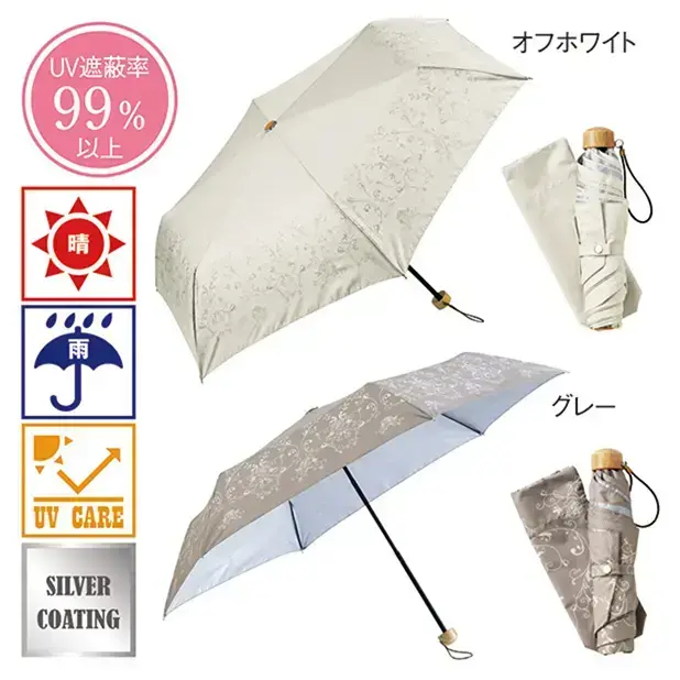 繊細なアンティークレース柄をプリントした晴雨兼用の折りたたみ傘。