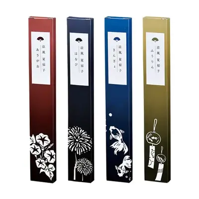 朝顔・金魚・花火・風鈴それぞれに専用の化粧箱が用意されています。和をイメージするカラーが素敵です。 朝顔・金魚・花火・風鈴それぞれに専用の化粧箱が用意されています。和をイメージするカラーが素敵です。