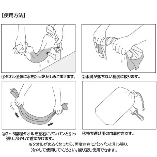 タオルをしっかり濡らします→水滴が落ちない程度まで絞ります。→２～3回程度タオルを引っ張り首にかけます。