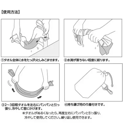 タオルをしっかり濡らします→水滴が落ちない程度まで絞ります。→２～3回程度タオルを引っ張り首にかけます。