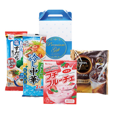 夏をイメージする食材4種が入ったボックスギフト。画像はプレミアムパッケージ。 夏をイメージする食材4種が入ったボックスギフト。画像はプレミアムパッケージ。