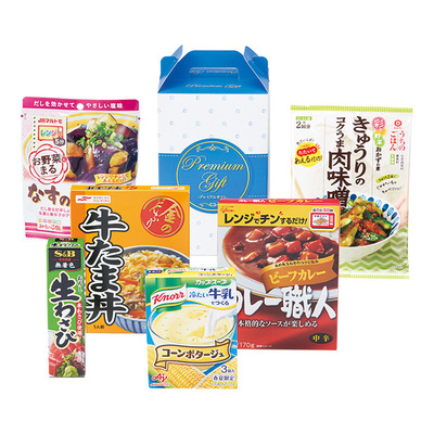 レトルト商品を中心に6種類の食品がセットされたギフトボックスです。画像の化粧箱はプレミアム。 レトルト商品を中心に6種類の食品がセットされたギフトボックスです。画像の化粧箱はプレミアム。