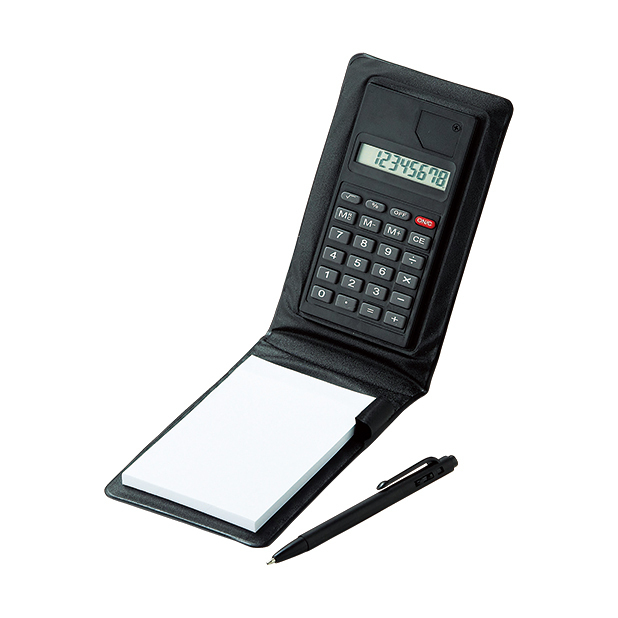 卓上電卓、メモ帳、ボールペンのセットです。オフィスワークや家庭内であると便利なステーショナリーです。