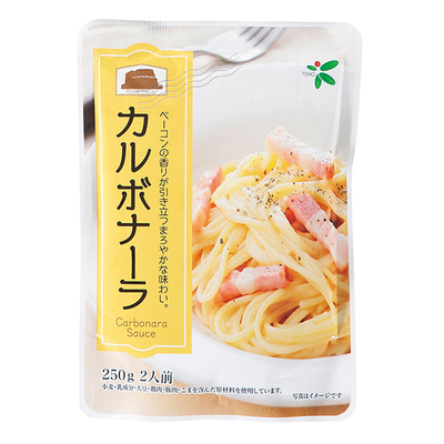 カルボナーラソース。ベーコンとミルクのコク、チーズの香りを活かしたクリーミーなパスタソースです。 カルボナーラソース。ベーコンとミルクのコク、チーズの香りを活かしたクリーミーなパスタソースです。
