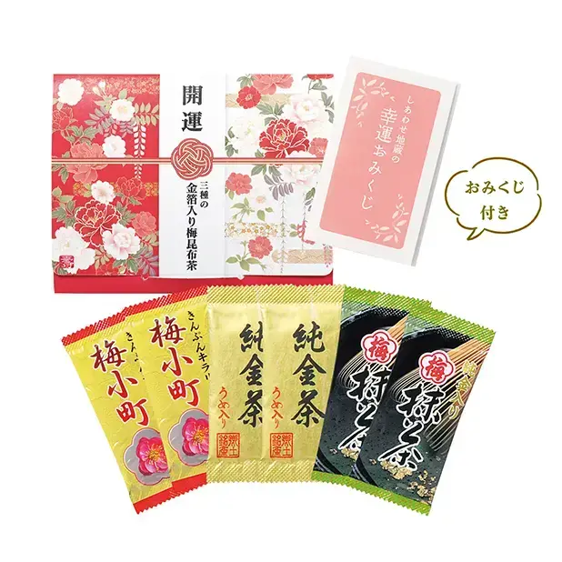純金入りお目昆布茶3種×2のセットです。お正月らしいパッケージです。