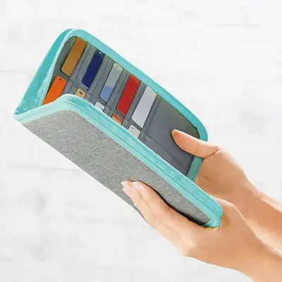 上から下に開くファスナーの向きにすることで開ける際に収納物が落ちないようにした新設設計。 上から下に開くファスナーの向きにすることで開ける際に収納物が落ちないようにした新設設計。