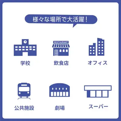 学校、飲食店、オフィス、公共施設、劇場、スーパーなど不特定多数の方が入場する場所に。 学校、飲食店、オフィス、公共施設、劇場、スーパーなど不特定多数の方が入場する場所に。