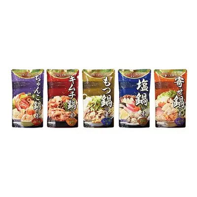 ちゃんこ鍋みそ味、キムチ味、もつ鍋醤油味、旨塩鍋、寄せ鍋しょうゆ味から選べます。 ちゃんこ鍋みそ味、キムチ味、もつ鍋醤油味、旨塩鍋、寄せ鍋しょうゆ味から選べます。