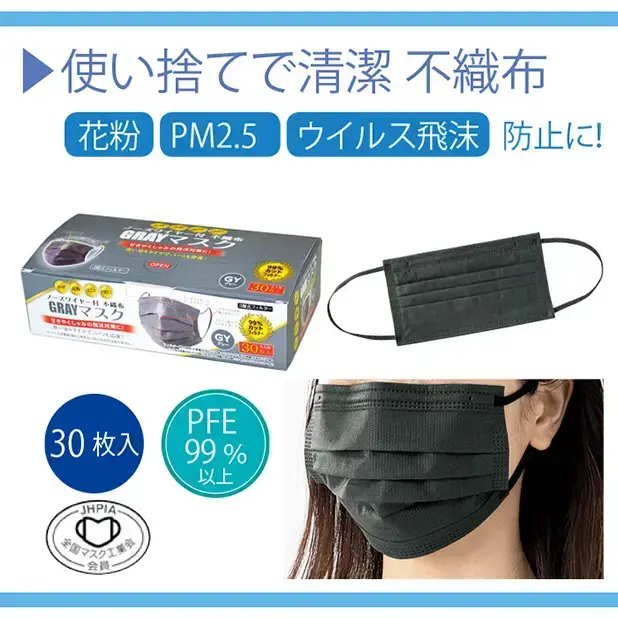 PEF99%以上の高機能フィルター付き不織布マスク、グレーカラー。