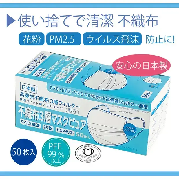 PFE99%以上の3層構造高機能フィルター付きの不織布マスク50枚入り