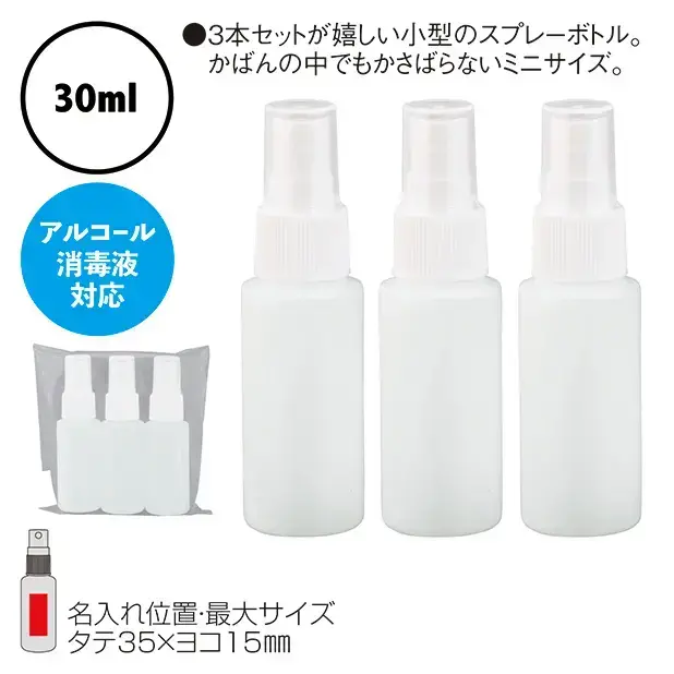 市販の除菌液を小分けして携帯できるスプレーボトル3本組です。