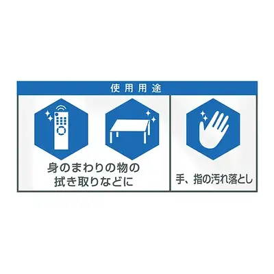 手指の汚れ落としやドアノブ、テーブルなど気になる箇所のふき取りに。 手指の汚れ落としやドアノブ、テーブルなど気になる箇所のふき取りに。