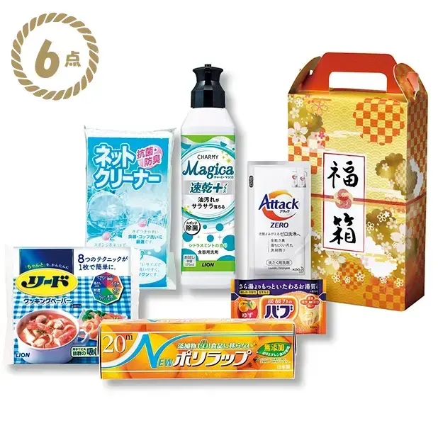 花王やライオンなどブランド日用品6点を福箱にセット