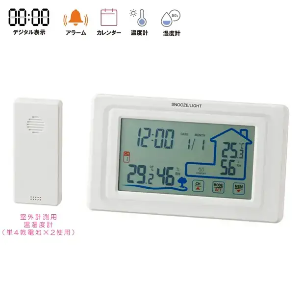 付属の計測器で室内、室外の温湿度を同時計測できるクロックです。