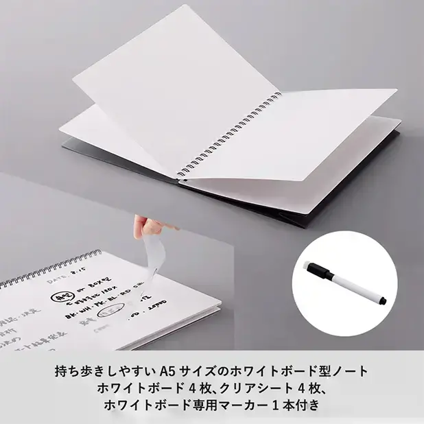 ホワイトボード4枚、クリアシート4枚、専用マーカー1本つき