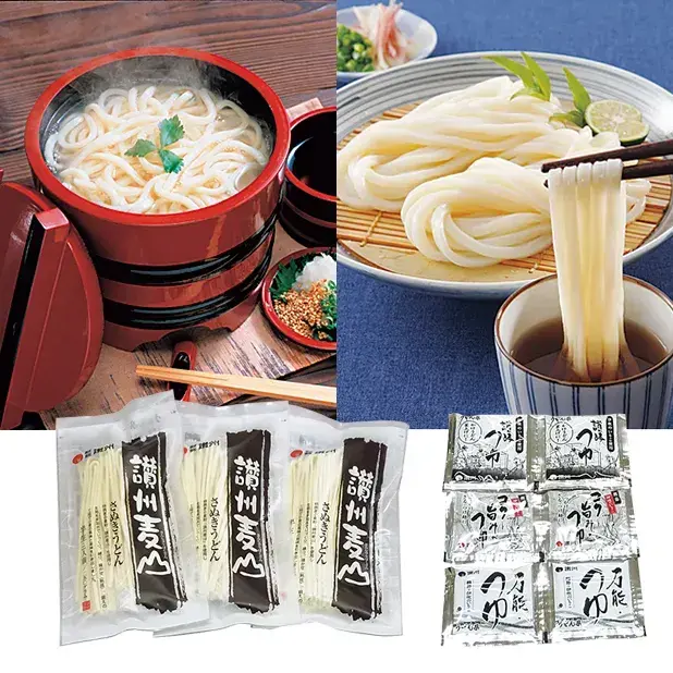  熱々の「釜揚げうどん」「かけうどん」に適した讃岐つゆ、「ぶっかけうどん」「ざるうどん」に適したコクと旨みのつゆ、「釜玉うどん」、「醤油うどん」のたれに適した万能つゆをセットしました。  本場讃岐の人気メニューが楽しめます。