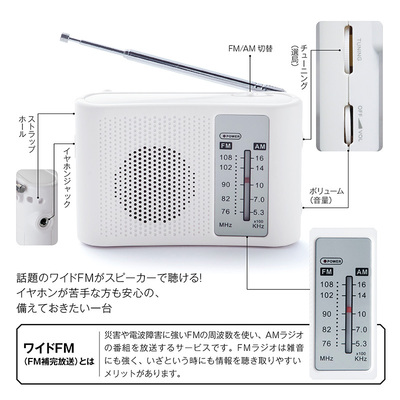 話題のワイドFMがスピーカーで聴ける。イヤホン苦手の人でも安心。