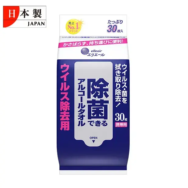 お得な30枚入りのアルコールタオルです。除菌やウイルス除去に。災害時の体拭きにも。