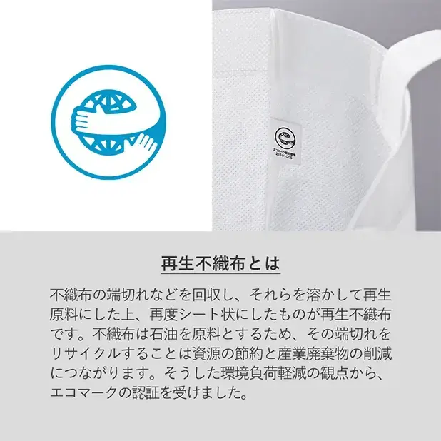 不織布の端切れなどを回収し、溶かして再利用した再生不織布を使用し、資源、産業廃棄物の削減に寄与します。