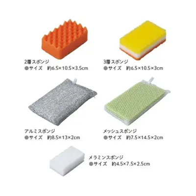 キッチン周りであると便利なスポンジ5種です。 キッチン周りであると便利なスポンジ5種です。