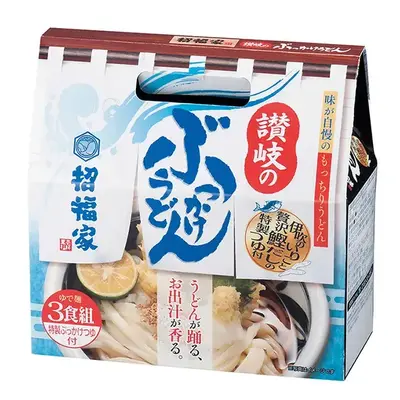 持ち手付き化粧箱入り。生タイプゆでうどん180ｇ×3   コクと旨みのつゆ20ｍｌ×3