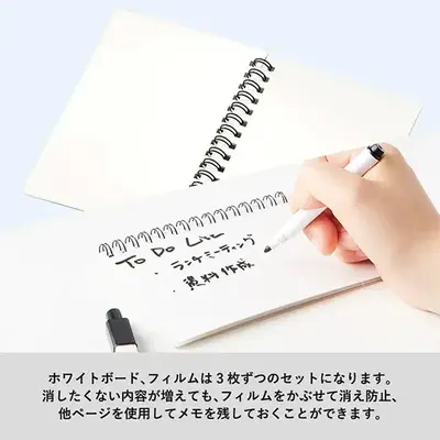 消したくない内容が増えても、フィルムをかぶせて消え防止、他ページを使用してメモを残しておくことができます。