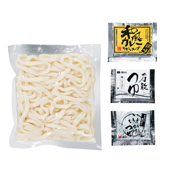 生タイプゆで麺180ｇ×3袋  カレーうどんスープ15ｇ×1袋  ぶっかけうどんつゆ20ｍｌ×1袋  釜玉用万能つゆ20ｍｌ×1袋