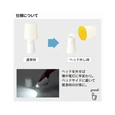 ヘッドを外せば、ハンディライトに早変わり。ベッドサイドに置いて緊急時の対策に。 ヘッドを外せば、ハンディライトに早変わり。ベッドサイドに置いて緊急時の対策に。