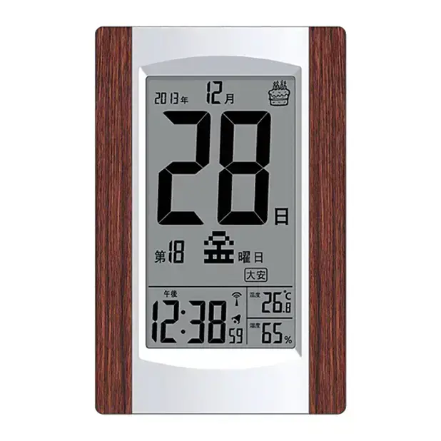 壁掛けでも使える木目調の日めくりカレンダー風デジタル電波時計。