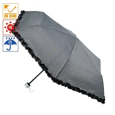 ドット柄がおしゃれな晴雨兼用の折りたたみ傘です。 ドット柄がおしゃれな晴雨兼用の折りたたみ傘です。