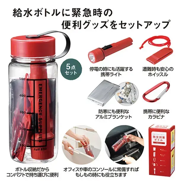 吸水ボトルに災害対策グッズ5点をセットしました。