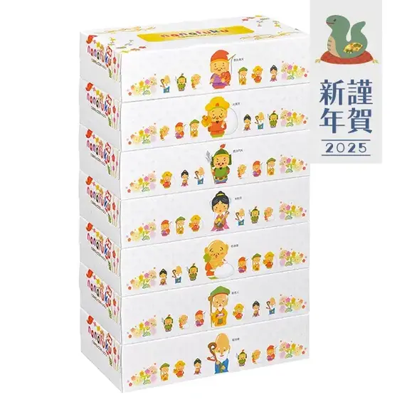 大ボリューム！七福神イラスト入りのおめでたいボックスティッシュ7個組です。