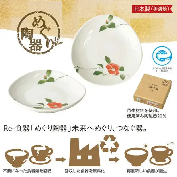 Re-食器「めぐり陶器」椿絵小皿2枚組