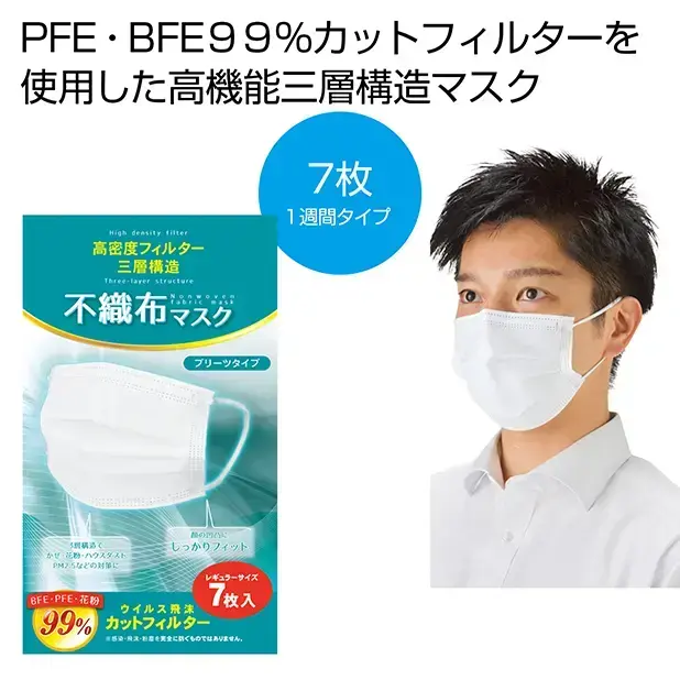 高密度フィルター  三層構造不織布マスク7枚入