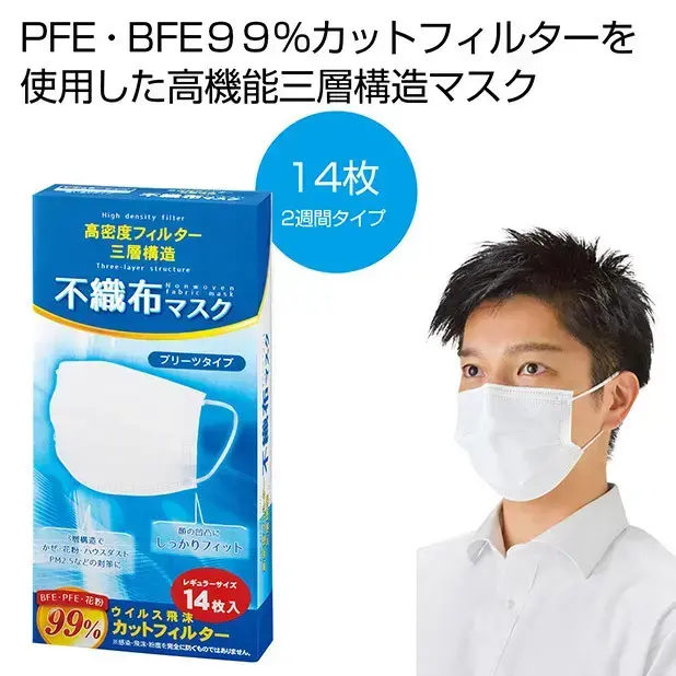 高密度フィルター  三層構造不織布マスク14枚入り