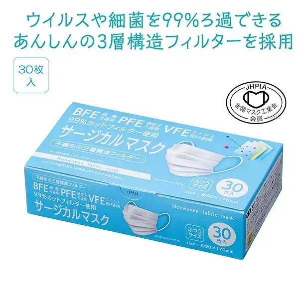 99%カットフィルター使用サージカルマスク30枚箱入